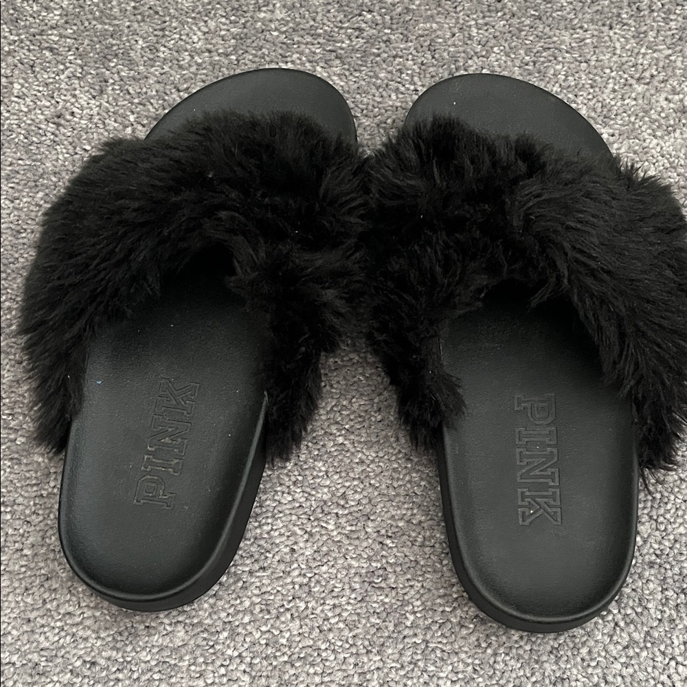 PINK Victoria's Secret Black Plush Slippers